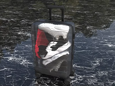 Transparent Suitcase With Red And Black Sneakers Inside On Water Surface 3d model