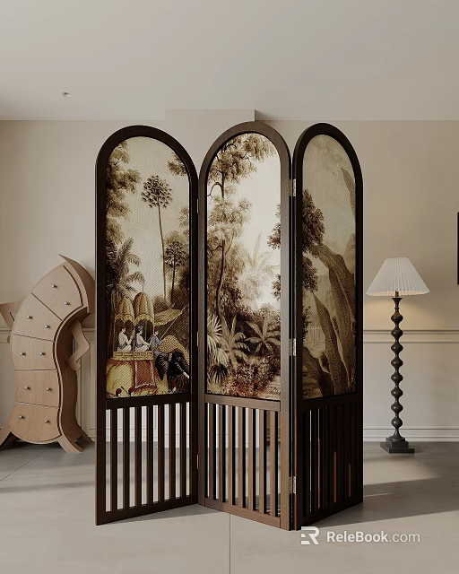 Dark Wood Vintage Three Panel Arched Screen With Scenic Paintings 3d model 