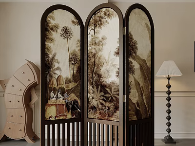 Dark Wood Vintage Three Panel Arched Screen With Scenic Paintings 3d model