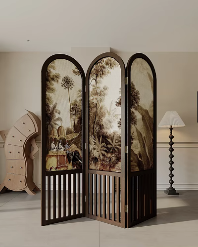 Dark Wood Vintage Three Panel Arched Screen With Scenic Paintings 3d model