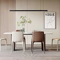 Modern Dining Table Set With White And Brown Chairs Wooden Wall And VOGUE Poster