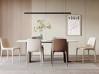 Modern Dining Table Set With White And Brown Chairs Wooden Wall And VOGUE Poster 3d model