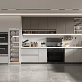 Modern Kitchen Interior With Gray White Cabinets Glass Door Storage And Appliances