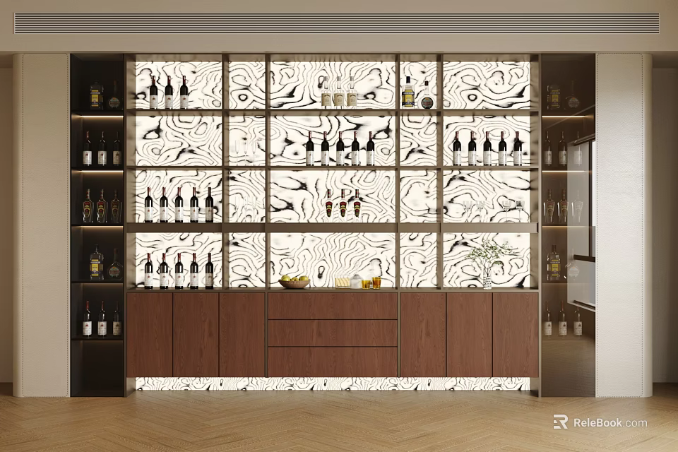 Modern Wine Cabinet Interior Design With Wooden Frame Glass Doors And Wine Bottles Storage 3d model 