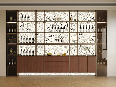 Modern Wine Cabinet Interior Design With Wooden Frame Glass Doors And Wine Bottles Storage 3d model
