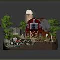 Cartoon Farm Scene With Red Barn White Silo Trees Tractor Sheep And Stream