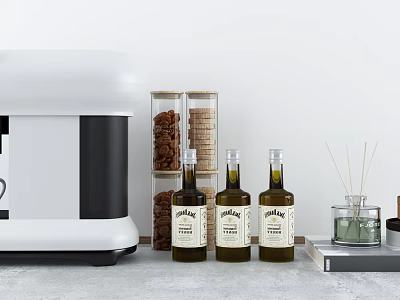 Modern White Kitchen Appliances On Countertop With Olive Oil Bottles Cookie Jars And Diffuser 3d model