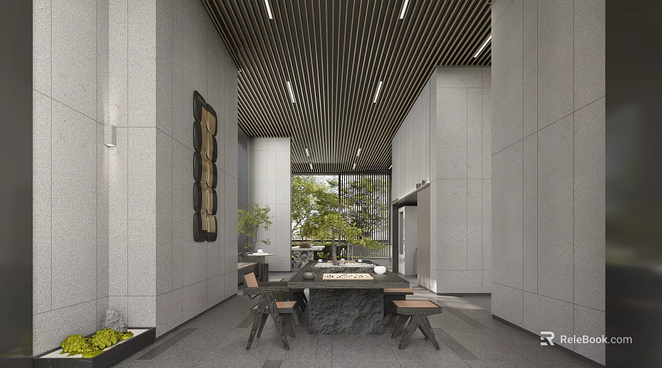 Modern Interior With Gray Walls Linear Ceiling Wooden Table Chairs Natural Light Green Plants 3d model 