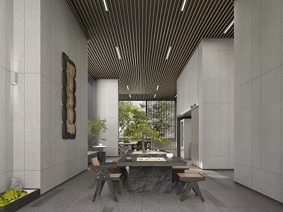 Modern Interior With Gray Walls Linear Ceiling Wooden Table Chairs Natural Light Green Plants 3d model
