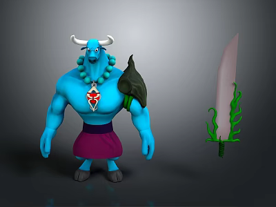 Game Character Blue Skinned Horned Figure Red Pendant Necklace Purple Skirt Large Sword Green Accents Design 3d model