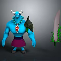 Game Character Blue Skinned Horned Figure Red Pendant Necklace Purple Skirt Large Sword Green Accents Design