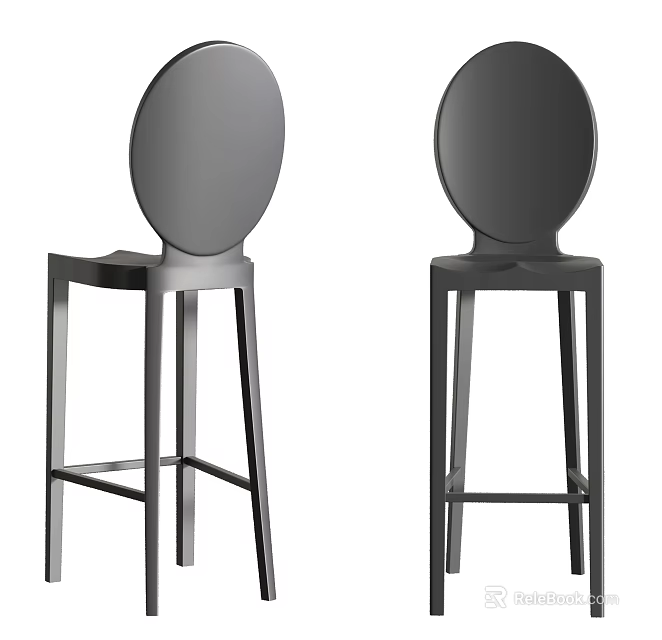 Two Modern Black Bar Stools With Round Backrest And Metal Frame Design 3d model