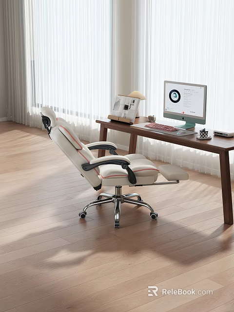 Modern Wooden Office Desk Setup With Ergonomic Chair Computer And Lamp 3d model 