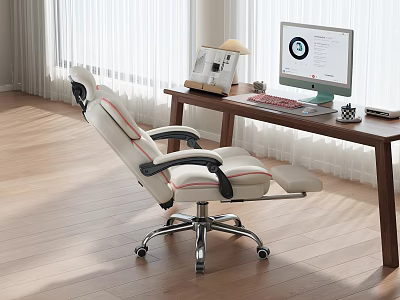 Modern Wooden Office Desk Setup With Ergonomic Chair Computer And Lamp 3d model