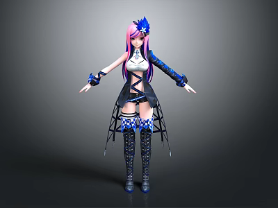 3D Character Model With Pink Purple Hair Blue Headdress Black White Blue Outfit And Black Boots 3d model