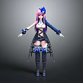 3D Character Model With Pink Purple Hair Blue Headdress Black White Blue Outfit And Black Boots