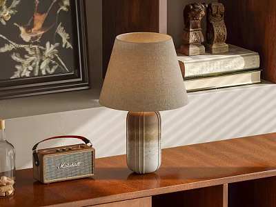 Stylish Table Lamp With Beige Shade On Wooden Table Near Vintage Radio And Books 3d model