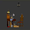 Wooden Decorative Altar Setup With Cross Statue Lamp Bucket And Tools