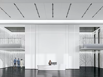 Modern Minimalist Bright Office Reception Lobby With Sleek White Counter And Elegant Wall Art Decoration 3d model