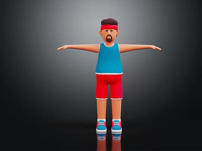 3D Character in Blue Vest and Red Shorts with Arms Outstretched on Dark Background 3d model