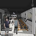 Modern Gym Interior With Stationary Bikes Strength Training Equipment And Fitness Enthusiasts