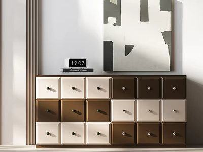 Modern Chest of Drawers with White and Brown Drawers Decorative Clock and Abstract Painting 3d model