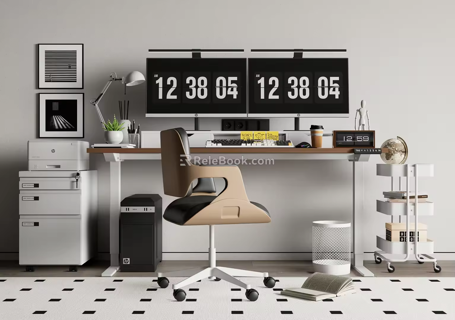 Modern Desk Chair Lifting Computer Desk Double Screen Computer Side Table Office Supplies 3d model