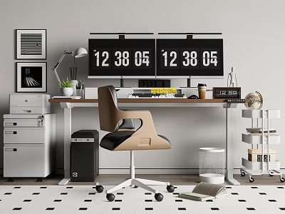 Modern Work Desk With Dual Monitors Lamp Potted Plant Coffee Mug Globe And Ergonomic Chair 3d model