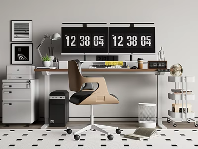 Modern Work Desk With Dual Monitors Lamp Potted Plant Coffee Mug Globe And Ergonomic Chair 3d model