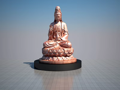Copper Colored Guanyin Buddha Sculpture With Lotus Base And Black Pedestal 3d model