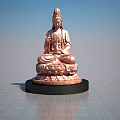 Copper Colored Guanyin Buddha Sculpture With Lotus Base And Black Pedestal