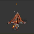 Rustic Campfire Arrangement With Stacked Logs Surrounding Stones And Flaming Embers