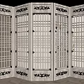 Elegant Multi Panel Folding Screen With Lattice Design And Carved Borders 3d model