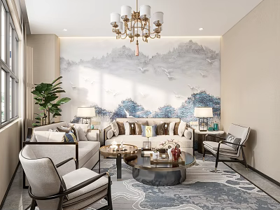 Elegant Modern Hotel Public Lounge Area With Mountain Mural Chandelier Sofas Armchairs And Coffee Tables 3d model