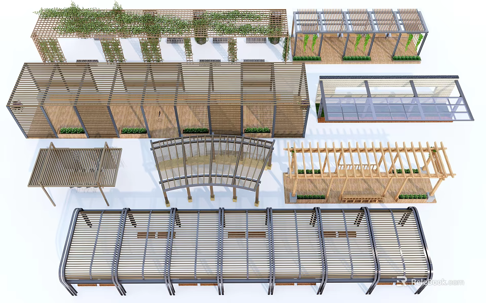 Various Pergola Designs With Wooden And Metal Structures For Outdoor Gardens 3d model 