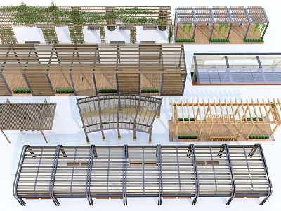 Various Pergola Designs With Wooden And Metal Structures For Outdoor Gardens 3d model