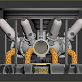 Industrial Mechanical Device With Silver Components Orange Pipes And Purple Core