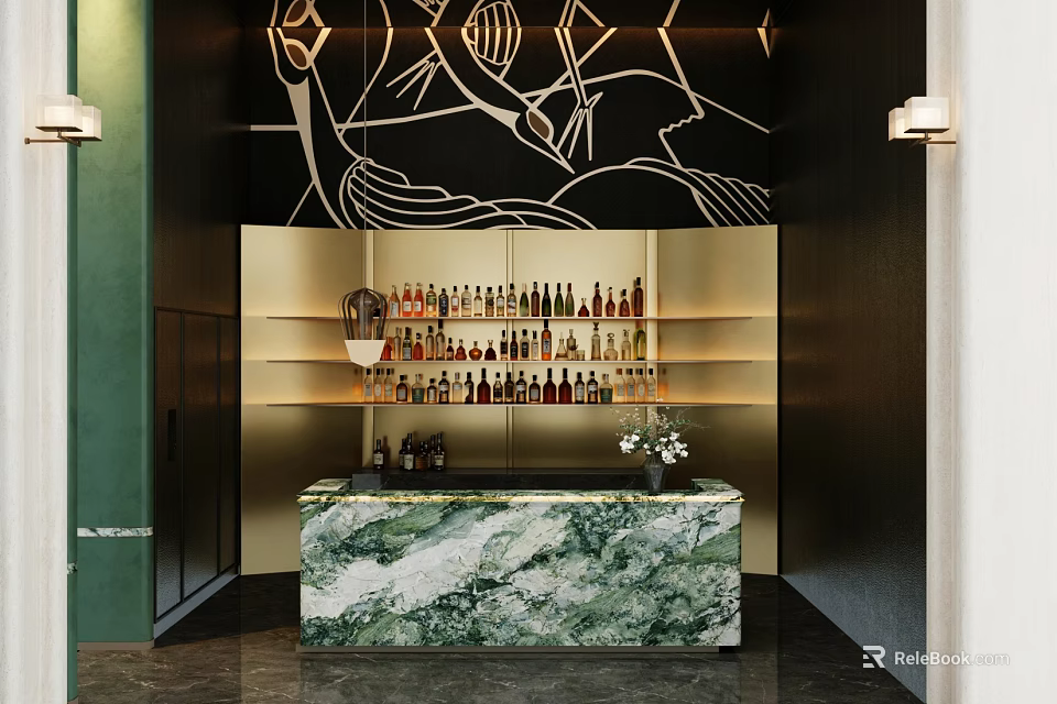 Elegant Bar Counter With Green Marble Top And Wine Bottles On Shelves Artistic Wall Design 3d model 