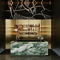 Elegant Bar Counter With Green Marble Top And Wine Bottles On Shelves Artistic Wall Design
