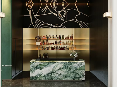 Elegant Bar Counter With Green Marble Top And Wine Bottles On Shelves Artistic Wall Design 3d model