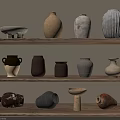 Ceramic Vessels In Various Shapes And Textured Designs On Wooden Shelves