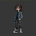 Cartoon Girl Character Wearing Blue Jacket Black Ripped Pants And White High Top Sneakers