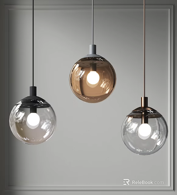 Hanging Spherical Glass Pendant Lights With Transparent Brown Shades And Metal Bases 3d model 