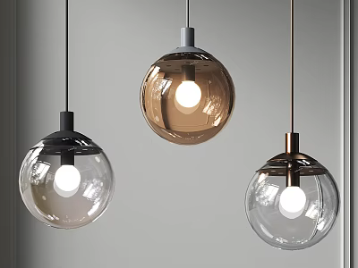 Hanging Spherical Glass Pendant Lights With Transparent Brown Shades And Metal Bases 3d model