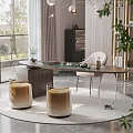Modern Luxury Tea Table and Chairs with Marble Top Metal Legs and Green Plants