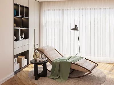 Cozy Chaise Lounge With Green Blanket In Bright Room White Curtains Floor Lamp Wooden Floor 3d model