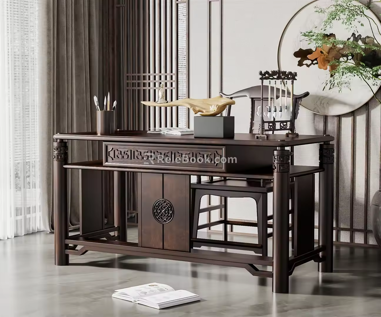 New Chinese Style Desk and Chair Desk and Chair Combination 3d model