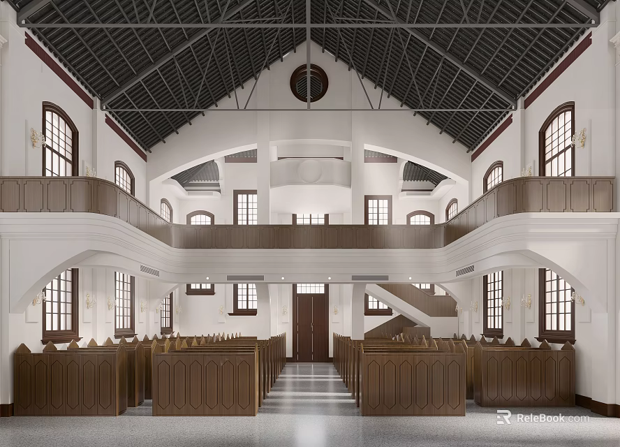 Sacred Church Interior With Wooden Pews Arched Windows And Cross Decoration 3d model 