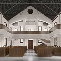 Sacred Church Interior With Wooden Pews Arched Windows And Cross Decoration