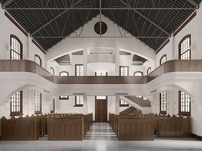 Sacred Church Interior With Wooden Pews Arched Windows And Cross Decoration 3d model